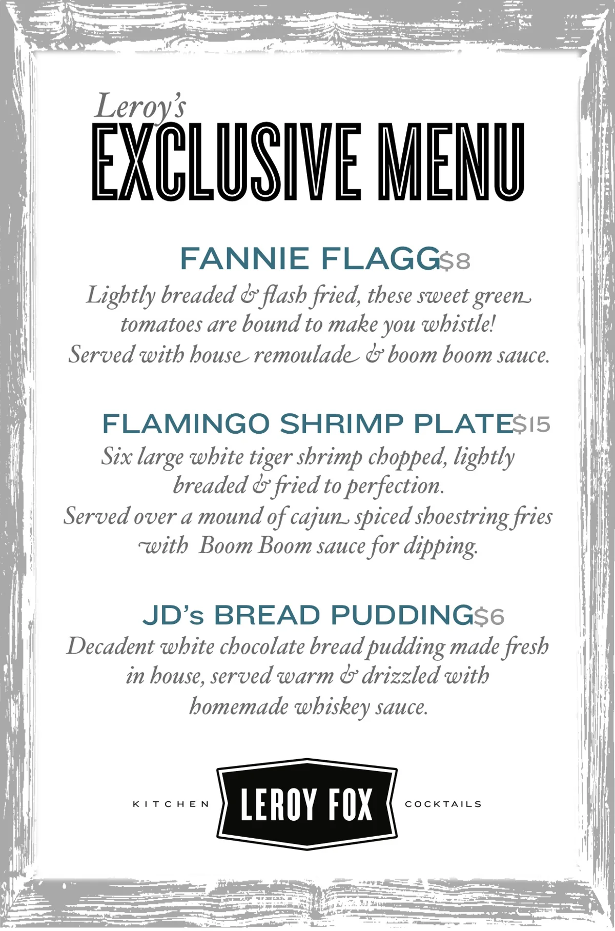 Archived Leroy Fox table-tent design with menu features and restaurant logo